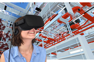  Besucher des BTGA-Forums können mithilfe einer Virtual-Reality-Brille live in das 3D-Modell eines Gebäudes eintauchen. 