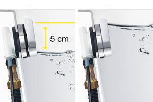  Durch leichten Druck auf die Drehrosette der „Multiplex Visign M9“ bzw. „Multiplex Trio Visign MT9“ kann der Wasserstand in der Badewanne um 5 cm (rechts) angehoben werden.  