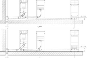  Gegenüberstellung konventioneller Anschluss an den Fallstrang und Anschluss mit Kombibogenabzweig: Bisher (unten): Anschluss von WC und Dusche am Fallstrang mittels einer gemeinsamen Anschlussleitung – ein vergleichsweise hoher Fußbodenaufbau zur Estrichü 