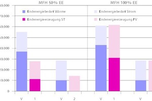  Jahresbilanz Endenergie beim Mehrfamilienhaus Neubau (50 und 100%) 