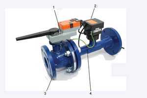  Belimo-„EPIV“-Regelkugelhahn: 1 – Antrieb mit Intelligenz, 2 – Geschwindigkeitsfühler, 3 – LG-CCV, 4 - Messrohr 