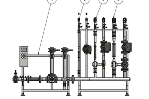  Hydraulischer Systembaukasten „MEC HSM“ mit Puffer-Bypass-Modul „MEC HSM PBM“ (1), Pufferlade-Modul „MEC HSM PLM“ (2) und zwei Modulen „MEC HSM HKM-G“ (3 und 4) für je einen gemischten Heizkreis 