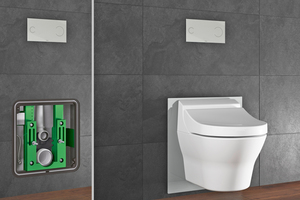  Das  „Eco Plus“-Dusch-WC-Element ist werkseitig für einen Strom- und Wasseranschluss vorbereitet (links). Mit der Glasabdeckung fügt sich das Dusch-WC-Element auch optisch harmonisch in das Bad ein.  