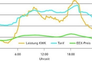  Mittlere Leistungsaufnahme (5-min Werte), Tarifsignal sowie EEX-Preis im tageszeitlichen Verlauf 