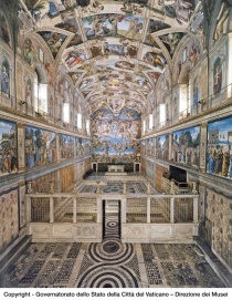 Blick in die Sixtiniische Kapelle in Rom mit der neuen LED-Beleuchtung