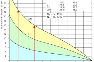  Der Zusammenhang von Wassertemperatur und gelöster Gasmenge wird in dieser Abbildung verdeutlicht. 