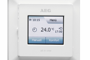  Der Komfortregler „FRTD 903 TC“ von AEG Haustechnik ist ein Fußbodentemperaturregler mit Touchscreen-Display. 