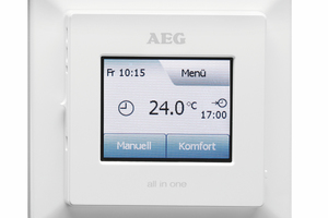  Der Komfortregler „FRTD 903 TC“ von AEG Haustechnik ist ein Fußbodentemperaturregler mit Touchscreen-Display. 