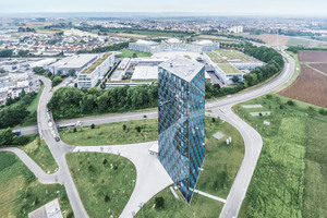  Luftaufnahme Festo Campus mit AutomationCenter im Vordergrund und Stammgelände mit dem TechnologieCenter im Hintergrund 