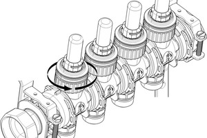  Die gewünschte Durchflussmenge für die einzelnen hydraulischen Heizkreisläufe lässt sich an dem am jeweiligen Vorlaufmodul befindlichen Durchflussmengenmesser durch Drehen des roten Handrades einstellen. 
