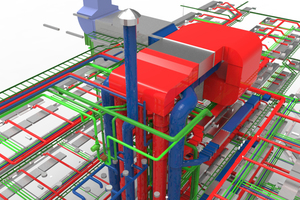  Dreidimensionale SHKL-Planung in „DDS-CAD“. Die Funktionalität umfasst die komplette Konstruktion und Dimensionierung des Rohr-, Kanal- und Trassennetzes; Volumen- und Flächenberechnung sind im automatischen Gebäudemodell inbegriffen. Die integrierten Ber 