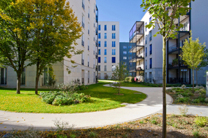   Die fünf- bis siebengeschossigen Gebäude des Frankfurter Stadtquartiers  Hansa Allee erfüllen allesamt den Passivhausstandard. 