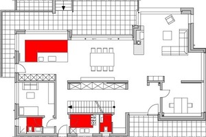 Grundriss Erdgeschoss: In den rot markierten Bereichen wird Warmwasser benötigt 