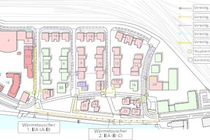  Wohnquartier Alter Stadthafen Oldenburg, Lageplan 1. und 2. Bauabschnitt mit dem System zum Gewinnen und Verteilen der Abwasserwärme. 