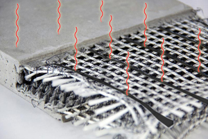  Stabil und beheizbar zugleich: Fotomontage einer nur wenige Millimeter dicken Textilbetonplatte mit Carbongarnen zur Innenraumerwärmun 