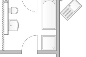  Typischer Grundriss im Mehrfamilienhaus, Bad mit angrenzender Küche; direkt neben dem WC als Hauptverbraucher liegt der Versorgungsschacht. 