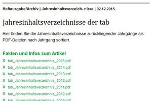  Das Jahresinhaltsverzeichnis der tab-Ausgaben für das gesamte Jahr 2015 finden Sie bereits online. 