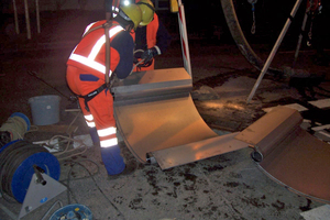  Montage der Wärmetauscherstrecke von 76 m Länge im Kanal während der Nacht, mit engem Zeitfenster wegen begrenzter Rückstaumöglichkeit des Abwassers 