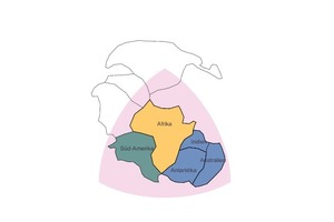  Der ehemals noch zusammenhängende Urkontinent Gondwana überlagert vom Grundriss der Tropenhalle 